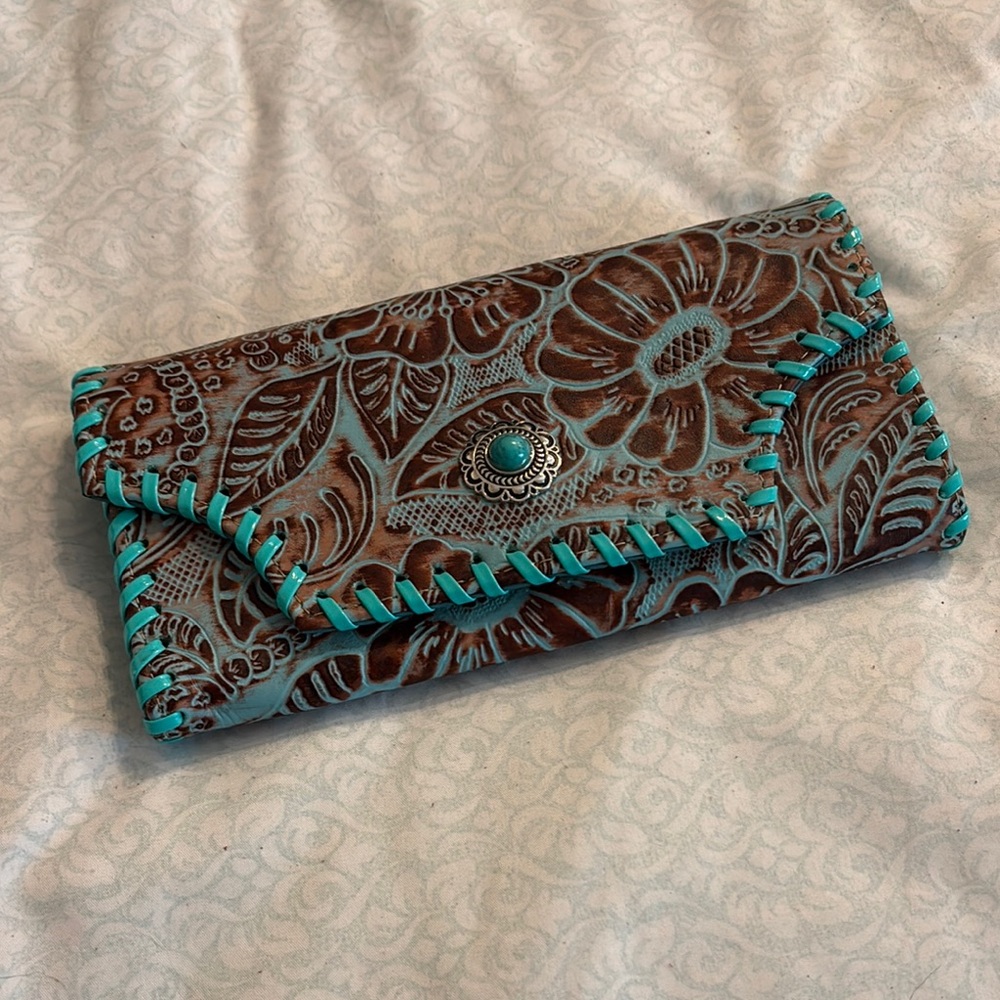 Floral Embossed Leather Clutch - Brown and Turquoise